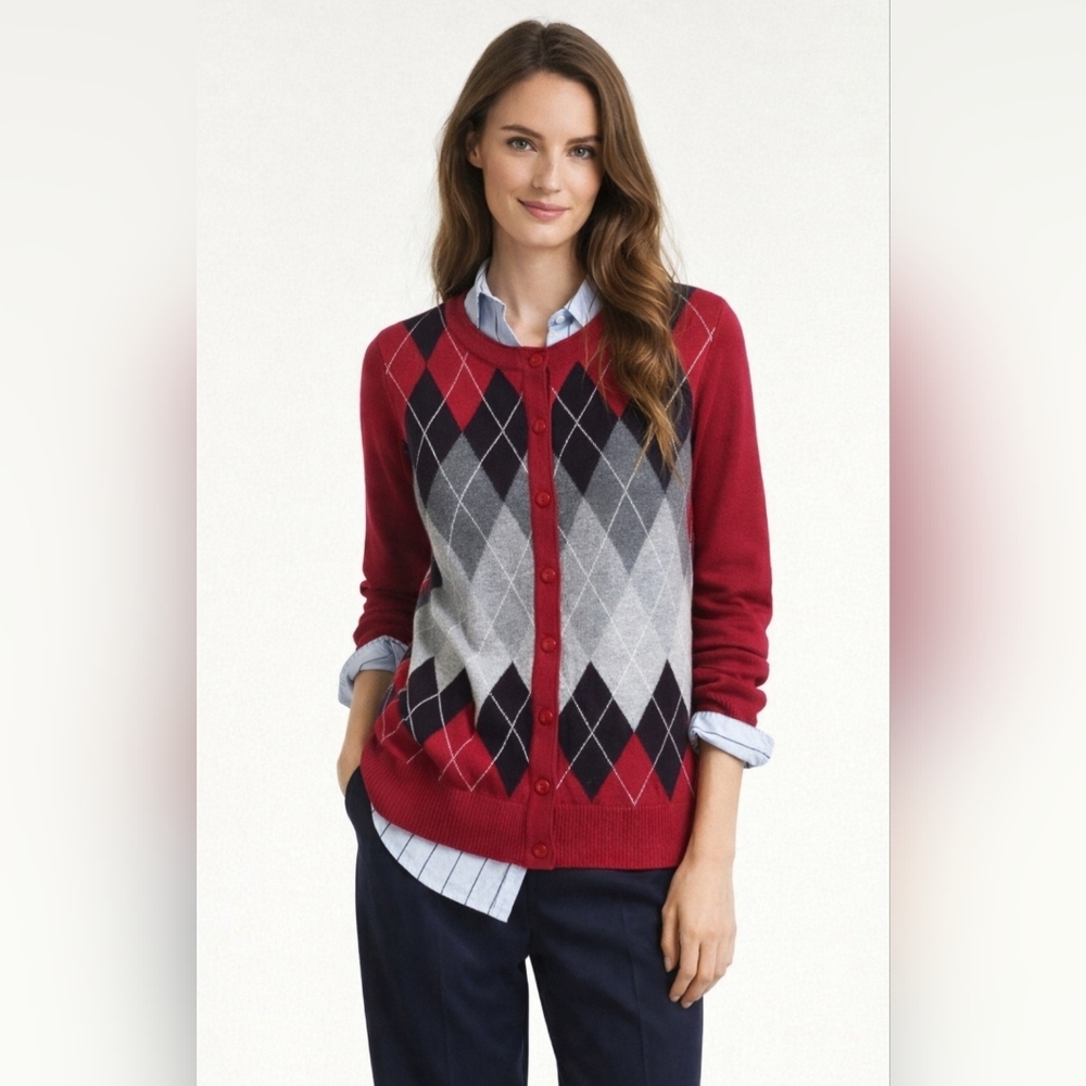Christopher & Banks Red Black & Grey Vintage Classic Argyle Cardigan Preppy Med